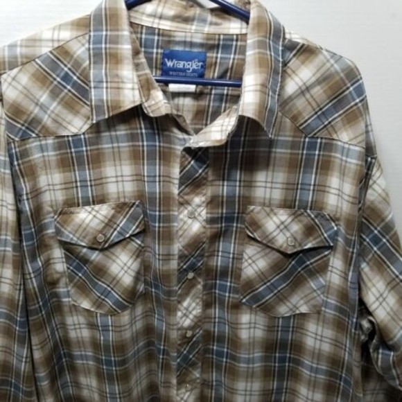 Wrangler Western Men Shirt Brown and Blue Size 2X Plaid Pearl Snap Long Sleeve - Picture 7 of 10